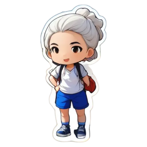 A girl with a blue and white shirt and shorts that are blue and white as well.