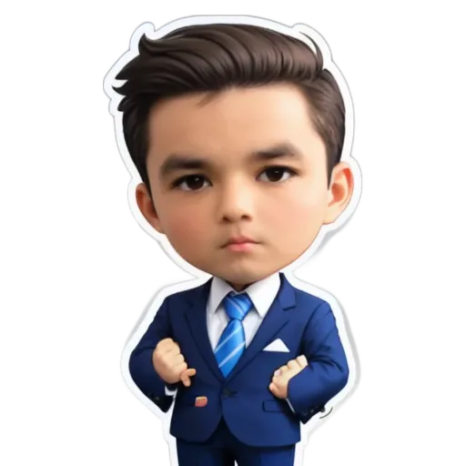 A boy is wearing a blue suit and standing with his arms crossed.