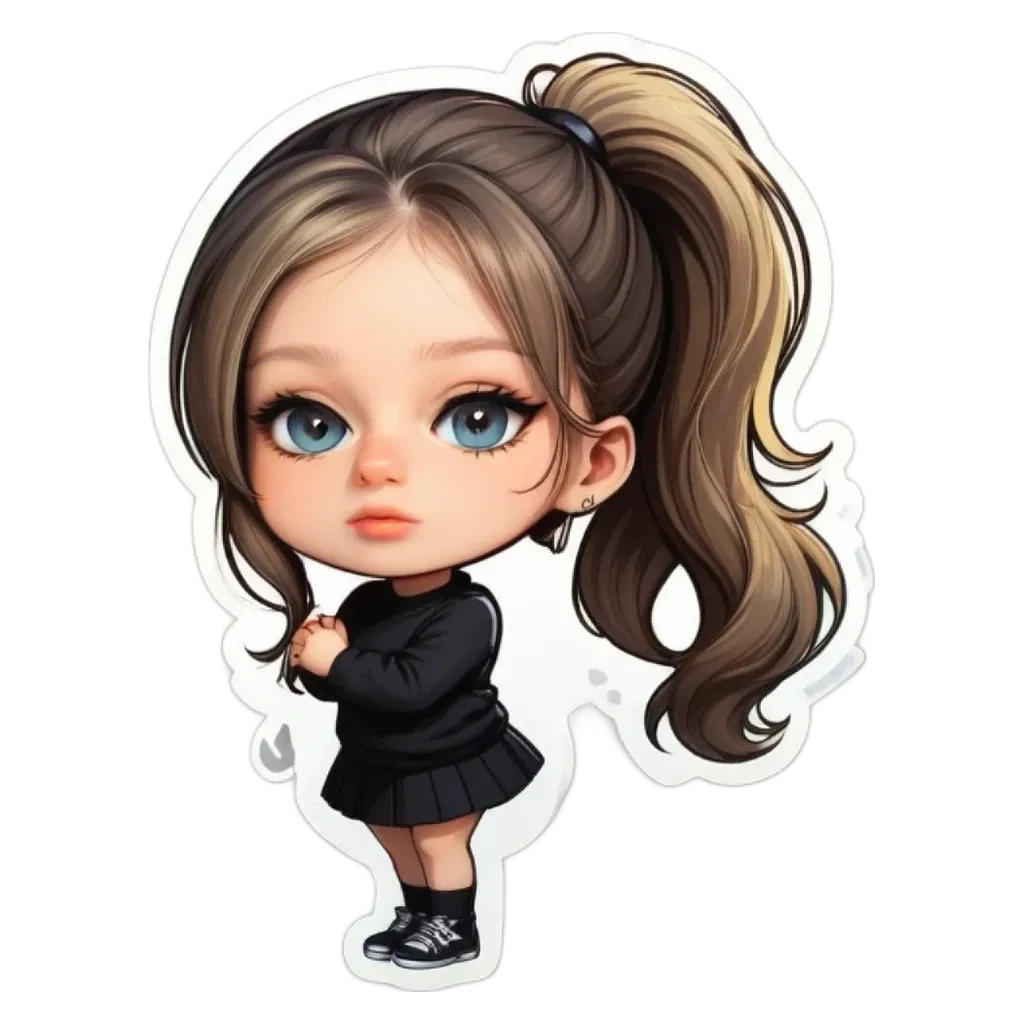 A cartoon girl wearing a black dress and high heels.