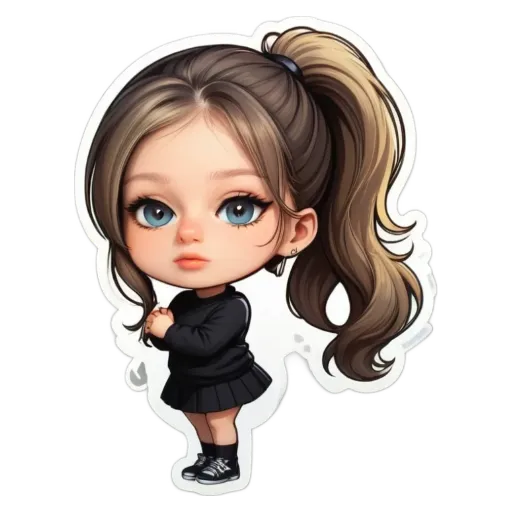 A cartoon girl wearing a black dress and high heels.