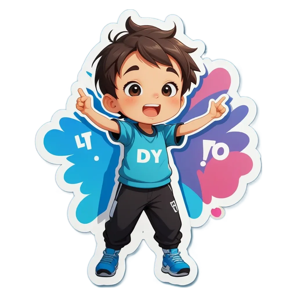 A sticker of a boy pointing to the letters DyTo.