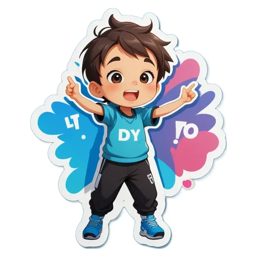 A sticker of a boy pointing to the letters DyTo.