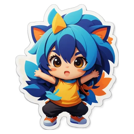 A blue unicorn sticker girl is holding her arms up in the air.