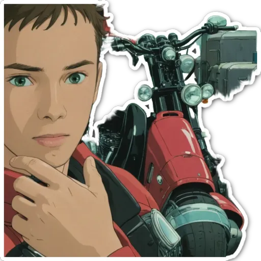 A sticker of a man looking at the camera, with a motorcycle in the background.