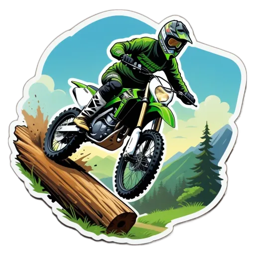 A man on a dirt bike doing a wheelie on a log.