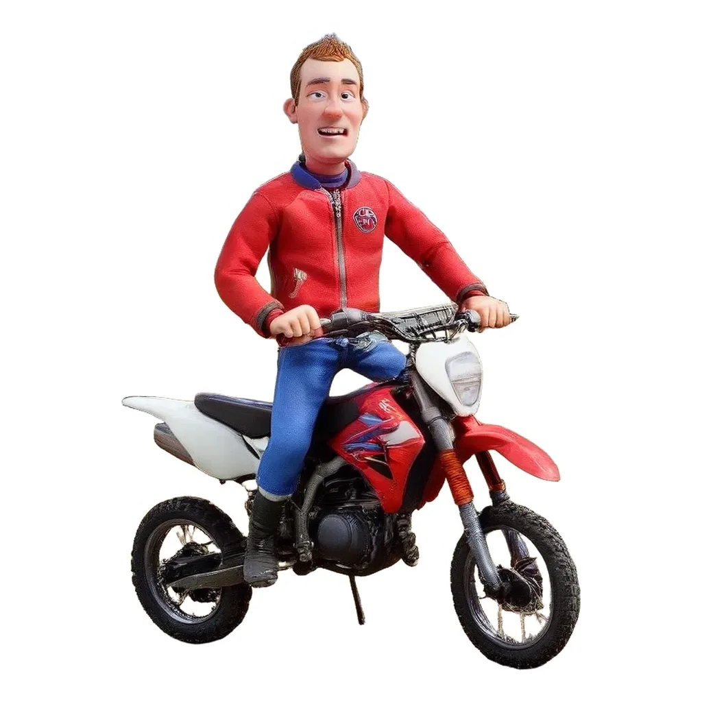 A sticker of a man who looks like him riding a bike.
