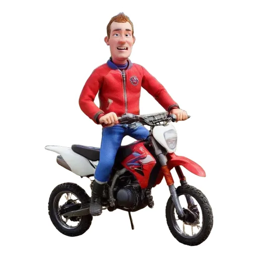 A sticker of a man who looks like him riding a bike.