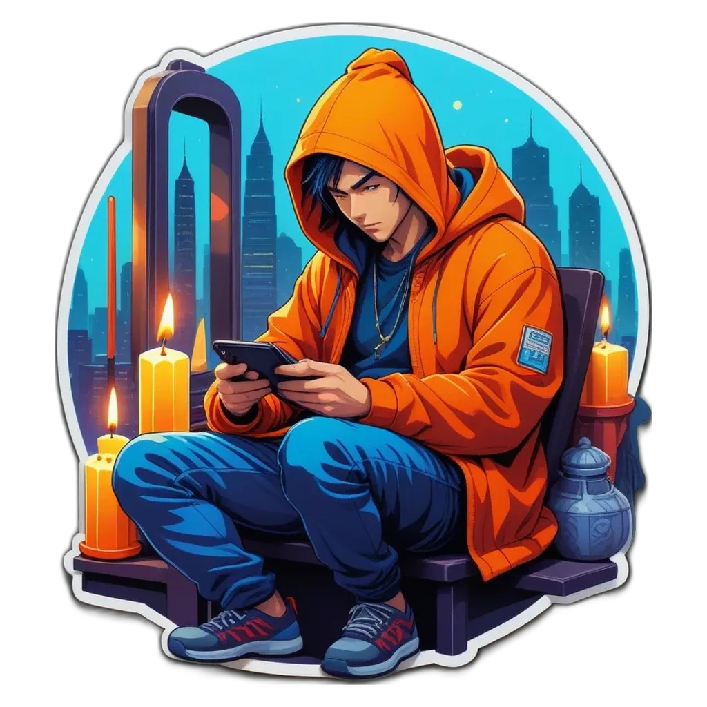 A boy is sitting down looking at his phone.