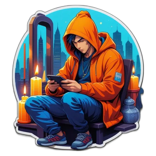 A boy is sitting down looking at his phone.
