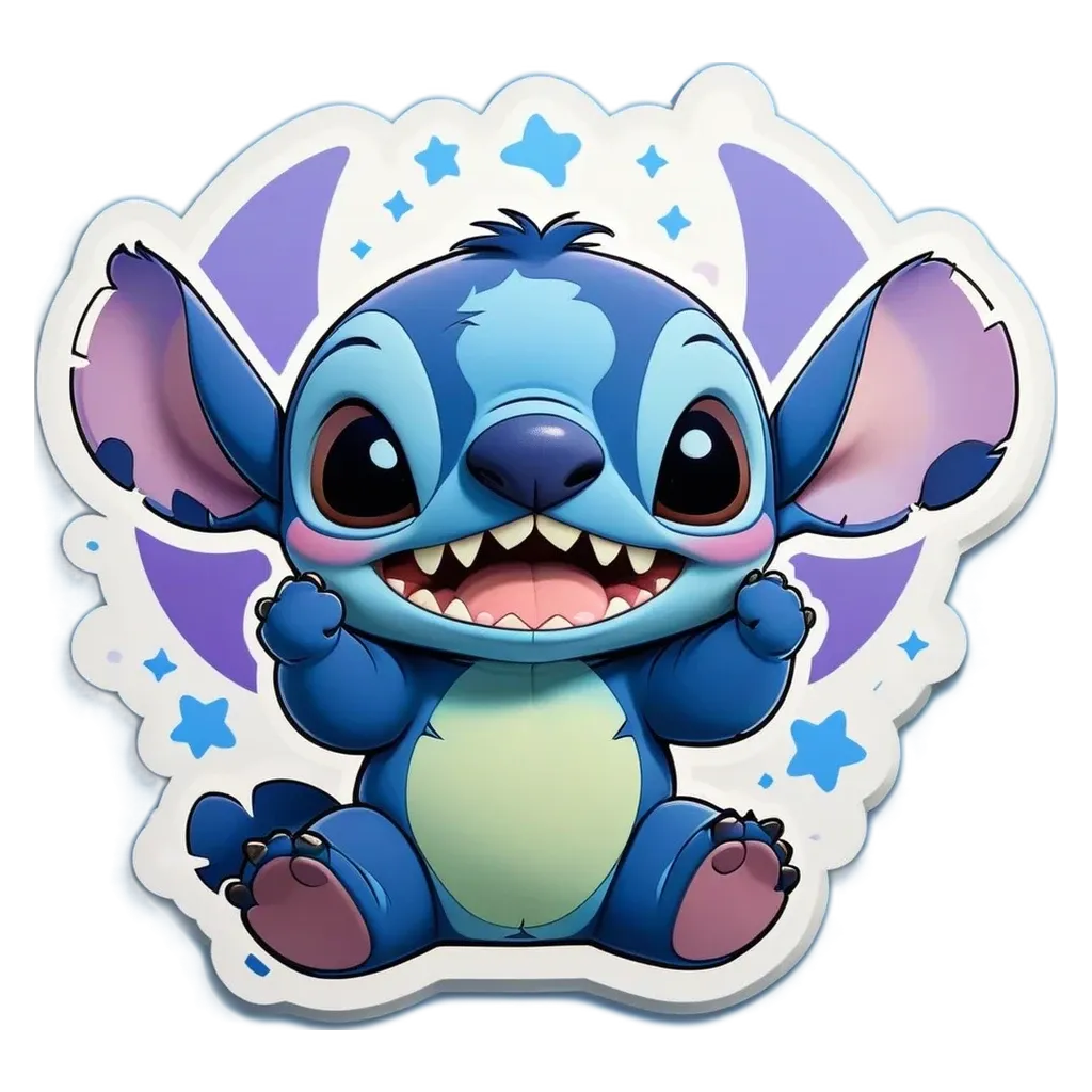 A sticker of a blue and white cartoon character that is smiling.