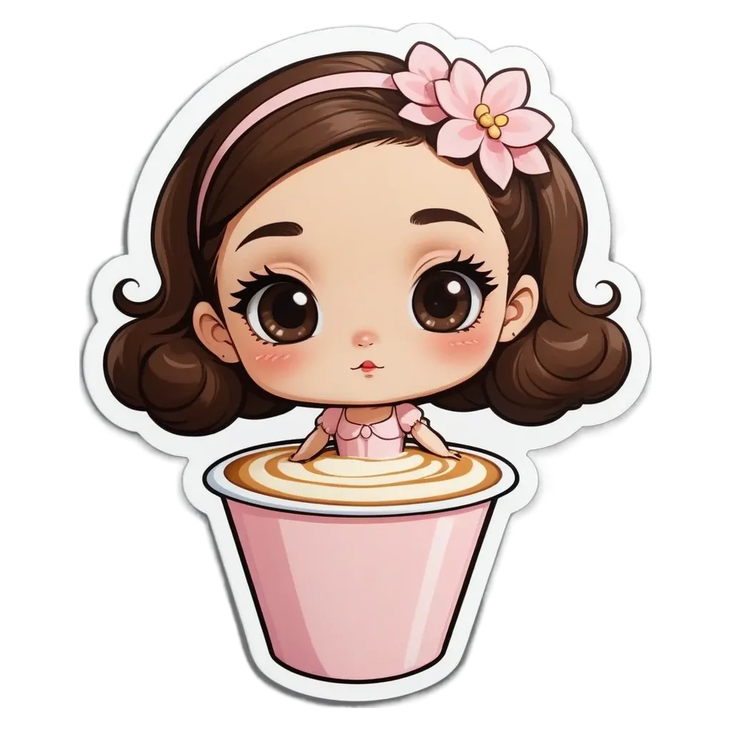 A girl is sitting inside a cup that is half full of liquid.