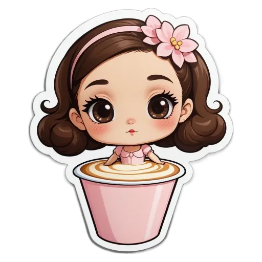 A girl is sitting inside a cup that is half full of liquid.