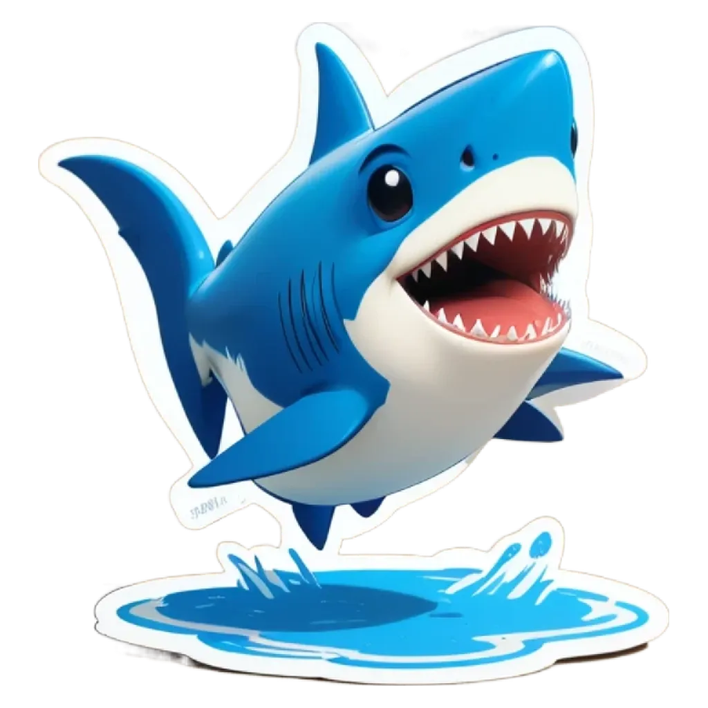 A blue and white sticker of a shark that is jumping in the air.