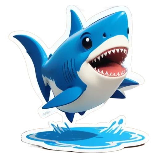 A blue and white sticker of a shark that is jumping in the air.