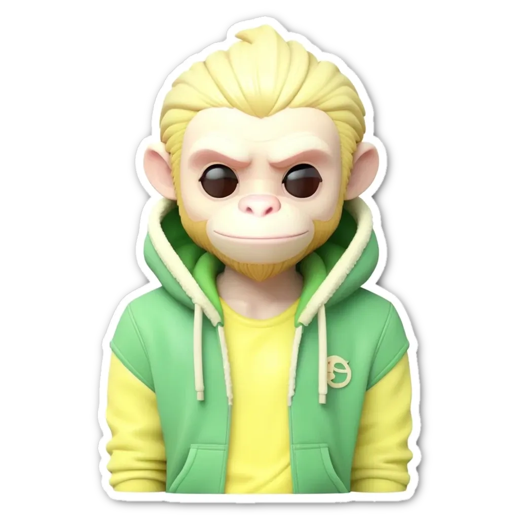 A sticker of a monkey with a green and yellow jacket.