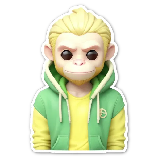 A sticker of a monkey with a green and yellow jacket.