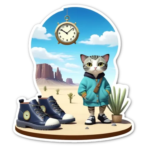 A cat is standing next to a clock which is to the right of the cat.