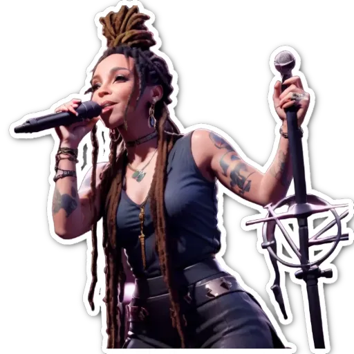 A woman with a microphone holding a staff.