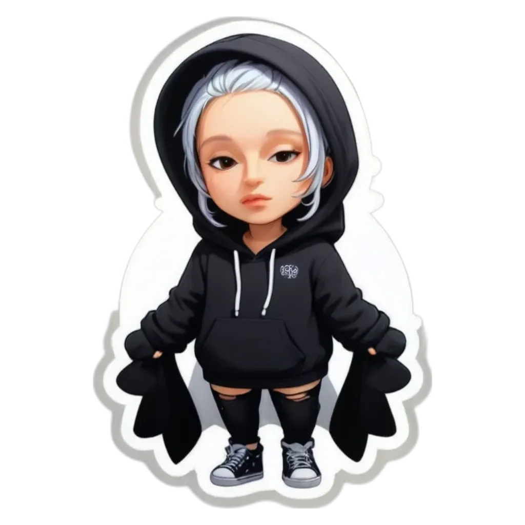 A girl wearing a black hooded sweatshirt with white hair.