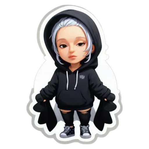 A girl wearing a black hooded sweatshirt with white hair.