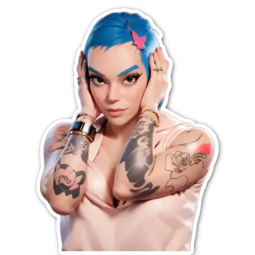 A woman with blue eyes and tattoos on her arm and neck.