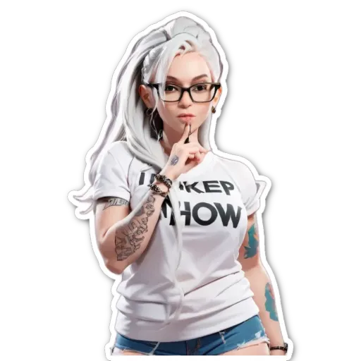 a woman wearing glasses and a white shirt that says i keep calm.