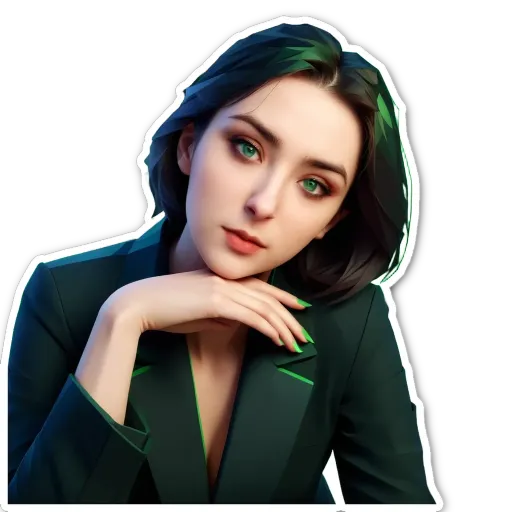 A sticker of a girl with green eyes.