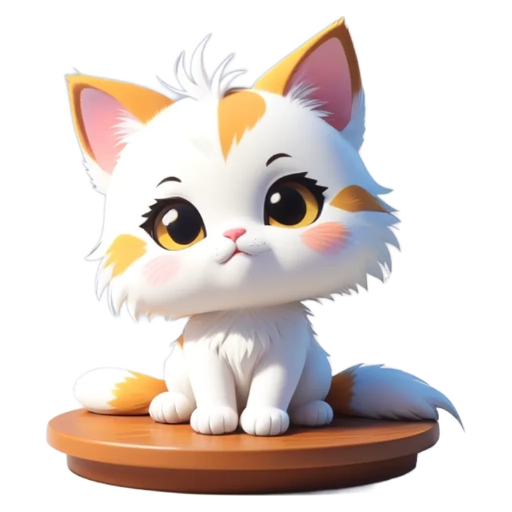 A cartoon cat sitting on a wooden table.