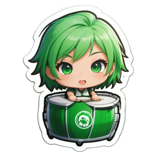 A green colored drum girl with a smile on her face.