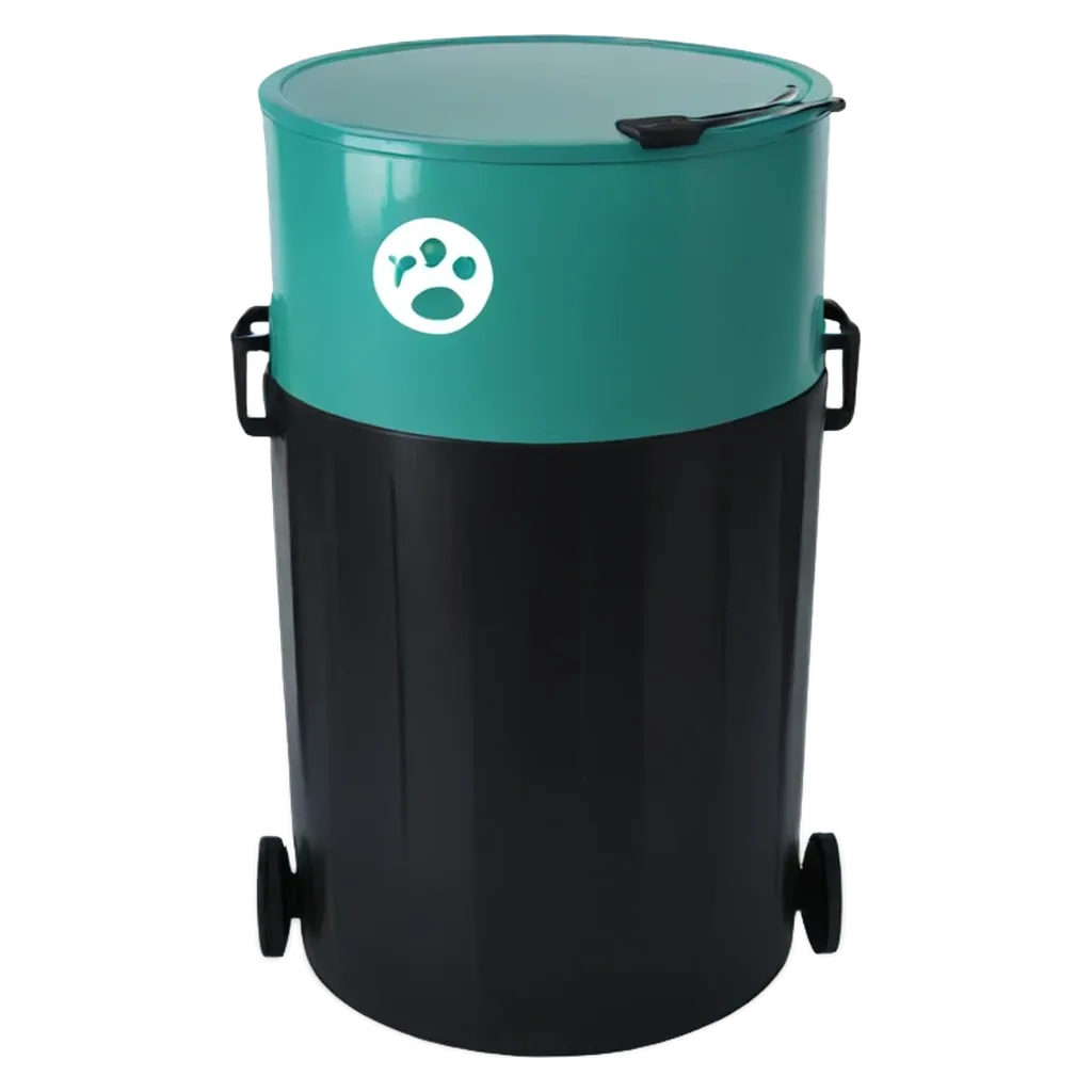 Black and blue trash can with a white dog sticker.