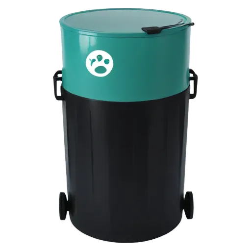 Black and blue trash can with a white dog sticker.