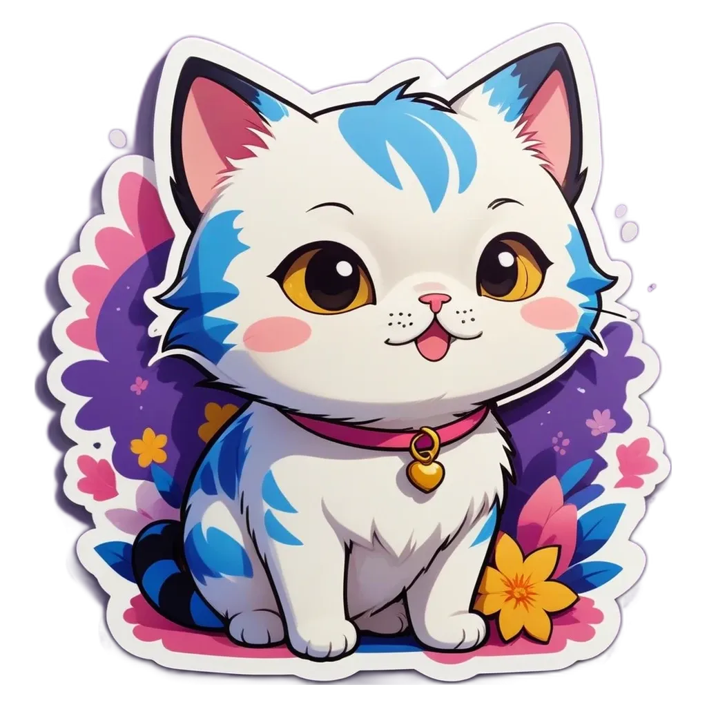 A cartoon cat with blue eyes and a pink collar.