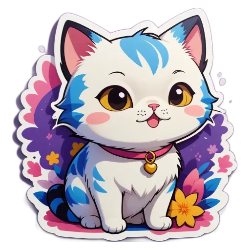 A cartoon cat with blue eyes and a pink collar.