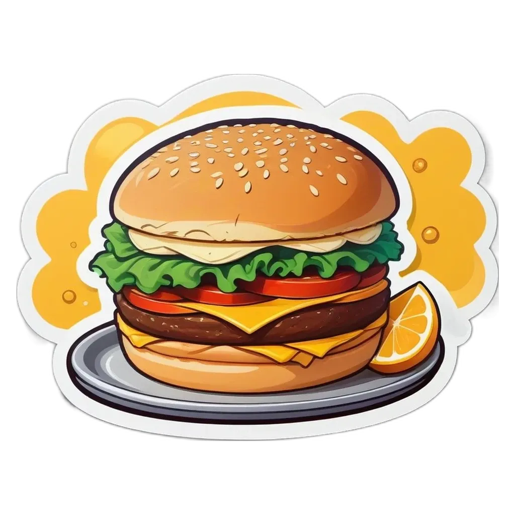A sticker of a hamburger and fries with a lemon on the side.