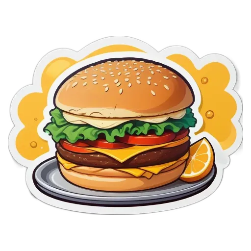 A sticker of a hamburger and fries with a lemon on the side.