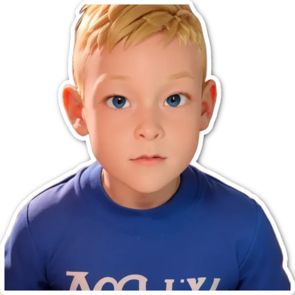 A boy with blue eyes and a blue shirt that says Acquy.