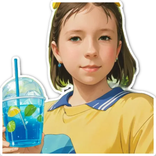 A girl drinking from a blue cup.