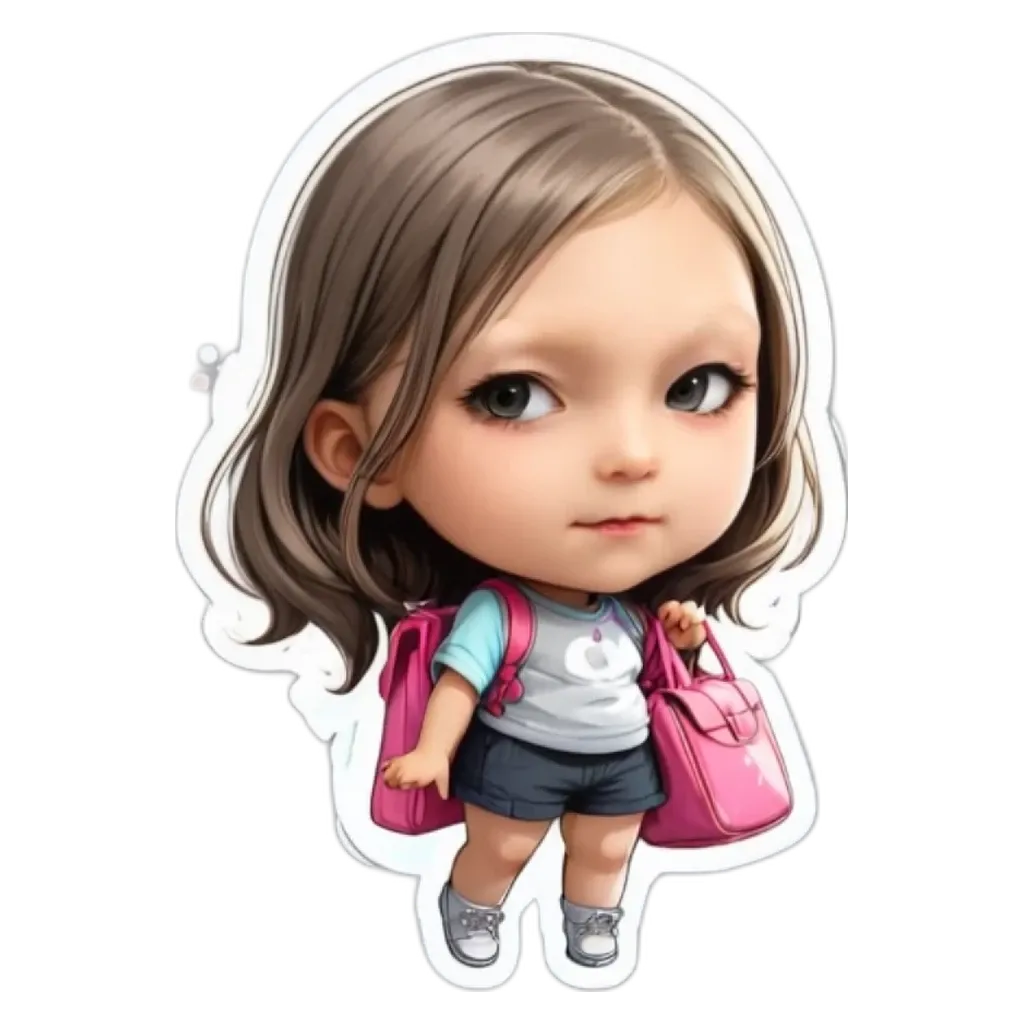 A cartoon girl with a pink bag that is holding two other bags.