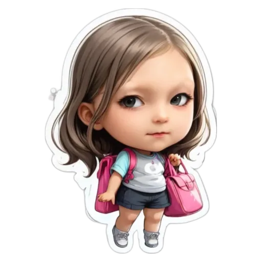 A cartoon girl with a pink bag that is holding two other bags.