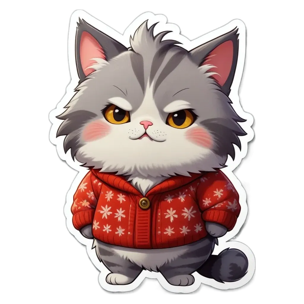 A cat in a sweater standing with its eyes wide open.