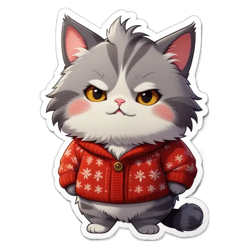 A cat in a sweater standing with its eyes wide open.