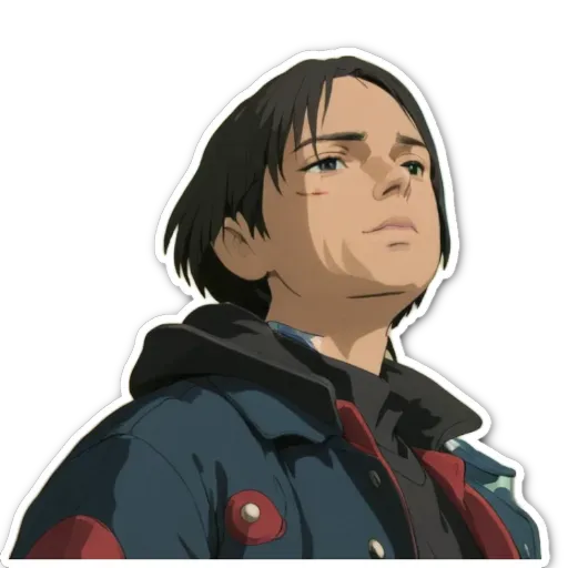 A sticker of a man with a black jacket and blue jeans.