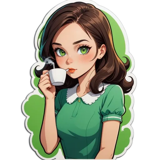A woman drinking from a coffee cup with a green collar.