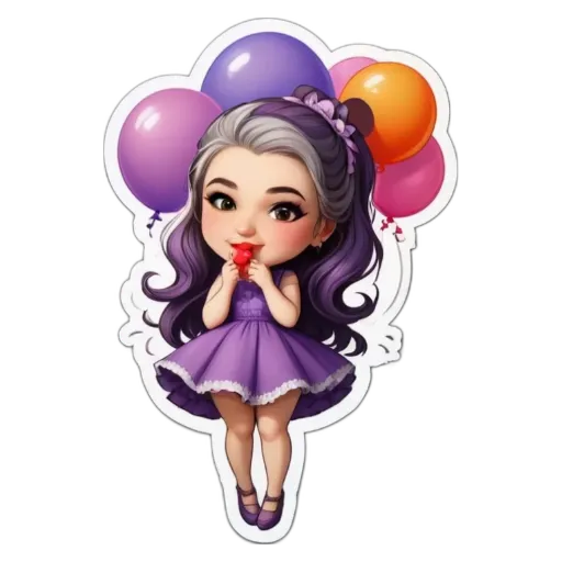A girl with a purple dress and many colorful balloons.