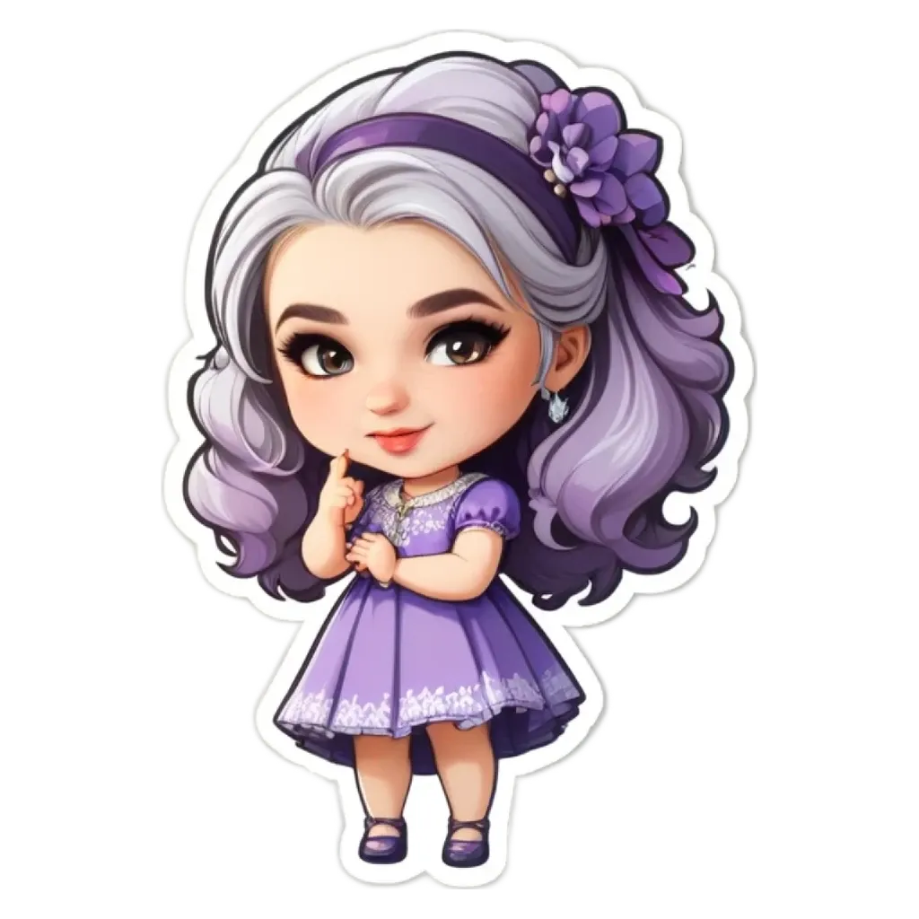 A girl with a dress on that is purple.