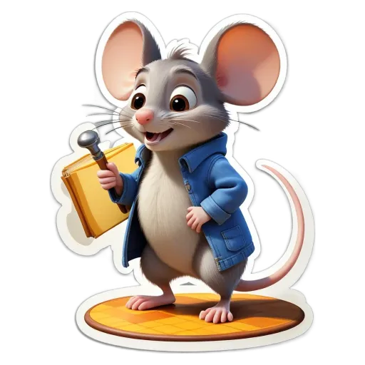 A cartoon picture of a mouse holding a case.