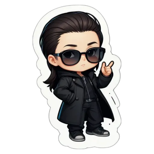 A boy wearing glasses and a black coat who is holding up a peace sign.