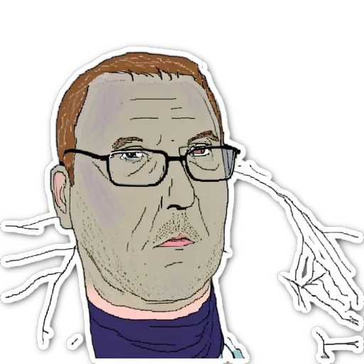 A sticker of a man with glasses that is on a black background.