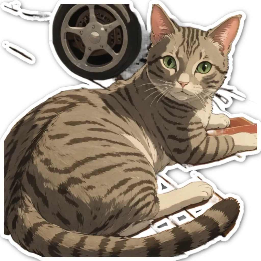 A cartoon cat is sitting on a computer keyboard.