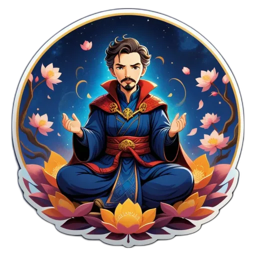 A sticker of a man in a costume with a pond of lotus flowers and a meditative expression.